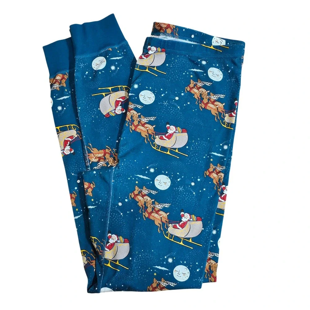 Hanna Andersson‎ Pajama Pants Unisex XXL Blue Santa Sleigh Reindeer Christmas